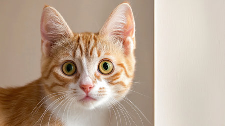 A curious orange tabby cat with striking green eyes looks straight ahead, showcasing its playful demeanor and adorable expression while sitting indoors.の素材
