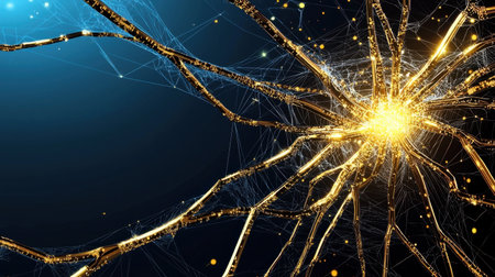 This stunning image showcases a golden neural network with glowing connections, representing advanced technology and biology. A captivating blend of light and structure highlights innovation and complexity.の素材