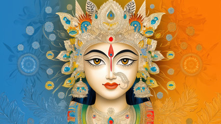 This vibrant artwork showcases a divine goddess, featuring intricate details and a colorful background, symbolizing spirituality and cultural heritage.の素材
