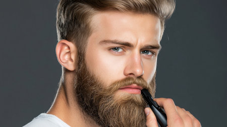 A handsome young man with a well-groomed beard thoughtfully holds a grooming tool, showcasing his confident and stylish appearance in a studio setting.の素材