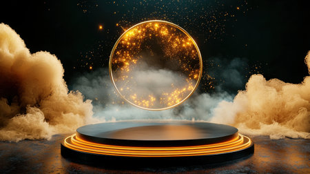 A captivating visual of a magical stage featuring a floating circle surrounded by glowing particles and soft fog, creating a surreal atmosphere ideal for presentations and artistic showcases.の素材