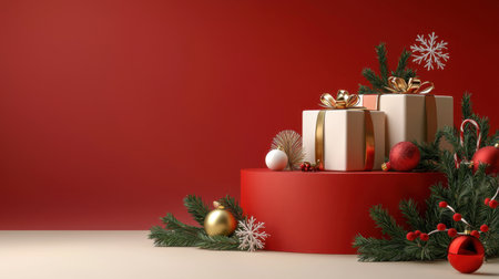 A beautifully arranged Christmas scene featuring elegant gifts with golden ribbons. Decorated with festive ornaments and pine branches, creating a warm holiday atmosphere.の素材