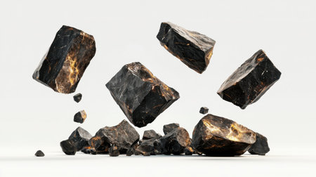 A stunning arrangement of floating black rocks with gold veins set against a bright background. This image captures the beauty and detail of natural minerals.の素材