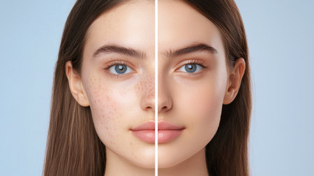This image illustrates the transformation of skin before and after treatment, highlighting clear complexion and natural beauty effects. Ideal for skincare promotions.の素材