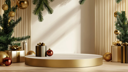 Experience the elegance of Christmas with this beautifully arranged decor featuring golden accents, fresh greenery, and a festive atmosphere perfect for celebrations.の素材