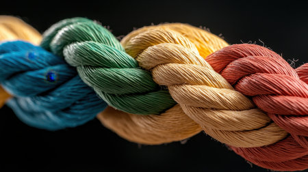 A close-up view of a colorful twisted rope showcases intricate textures and vibrant hues against a dark backdrop. Perfect for art and design projects.の素材