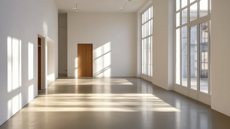 Spacious and bright minimalist interior showcasing large windows that allow natural light to stream in, creating a modern and serene atmosphere.の素材