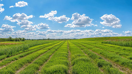 Brightly lit green fields stretch under a vibrant blue sky filled with fluffy white clouds. This serene landscape captures the essence of nature's beauty and agricultural life.の素材