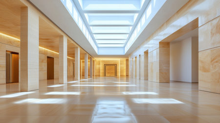 Explore a stunning modern interior that showcases minimalist design principles. The spacious area features natural light through skylights, enhancing tranquility.の素材