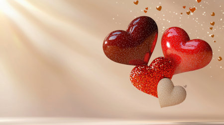Colorful hearts with a glittering finish float gracefully in a warm romantic background, symbolizing love and celebration. Perfect for various occasions.の素材