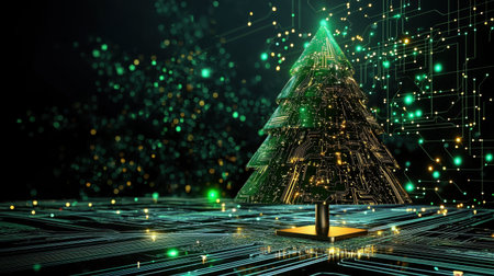 A stunning digital representation of a Christmas tree featuring intricate circuit board designs and vibrant green lights, perfect for holiday-themed projects.の素材