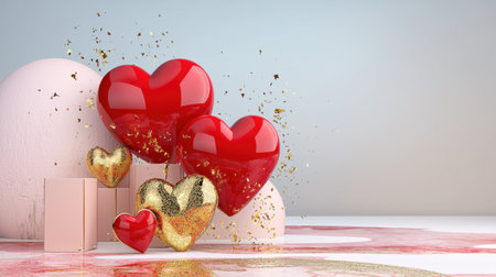 A stunning composition featuring vibrant red and gold hearts, perfect for romantic themes. Ideal for celebrations, events, and festive occasions.の素材