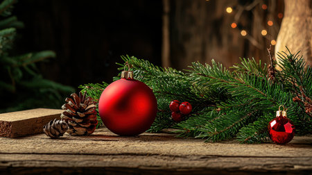 A beautifully arranged Christmas ornament on rustic wood, surrounded by pinecones and greenery, capturing the warmth and spirit of the holiday season.の素材