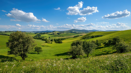 A picturesque countryside landscape showcasing rolling hills, vibrant greenery, and a clear blue sky filled with fluffy white clouds, embodying tranquility and natural beauty.の素材