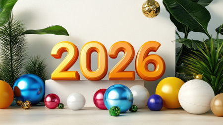 Celebrate the arrival of 2026 with this vibrant display of festive decorations, featuring shiny ornaments and playful colors. Perfect for any holiday gathering!の素材