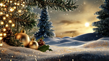 A serene winter scene featuring golden ornaments resting on the snowy ground beneath a beautifully lit Christmas tree as the sun sets in the background.の素材
