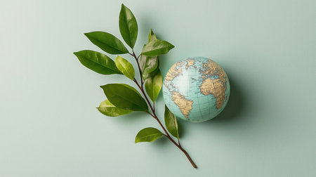 This serene image features a globe and a green leaf against a soft mint backdrop, symbolizing nature, sustainability, and global consciousness in a minimalistic style.の素材