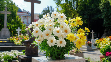 A vibrant floral arrangement featuring white daisies and yellow chrysanthemums, beautifully positioned in a memorial setting, symbolizing remembrance and tranquility.の素材