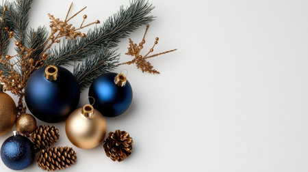 Beautifully arranged Christmas ornaments, pine cones, and foliage create a festive holiday atmosphere. Perfect for seasonal decoration or greeting cards.の素材