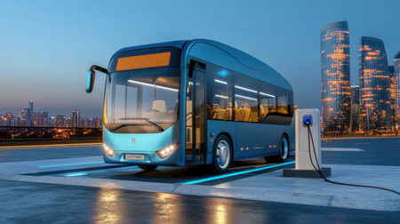 A sleek electric bus parked at a charging station with a stunning urban skyline at dusk, highlighting sustainable transportation and modern urban infrastructure.の素材
