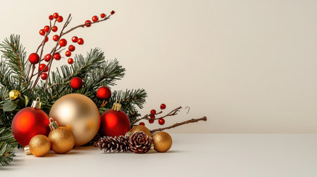 A charming arrangement of holiday decorations featuring red and gold ornaments, pinecones, and vibrant berries, perfect for festive celebrations.の素材