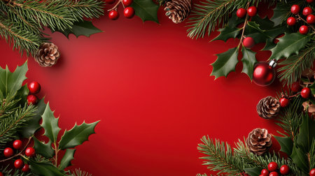 This vibrant and festive holiday frame features a rich red backdrop adorned with pine leaves, red berries, and pine cones, perfect for seasonal greetings.の素材