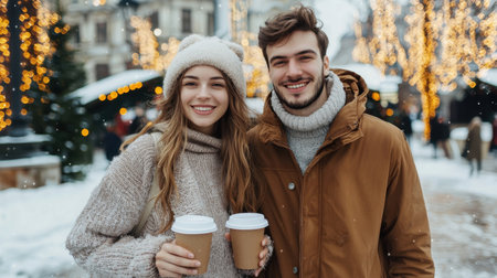 A joyful young couple enjoys warm coffee in a winter wonderland, surrounded by holiday lights and snowflakes. Their smiles radiate happiness.の素材