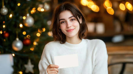 A joyful young woman smiles while holding a blank card in front of a beautifully decorated Christmas tree, capturing the warmth of the holiday season with cozy indoor vibes.の素材