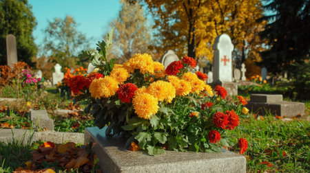 A vibrant display of chrysanthemums in yellow and orange brighten a serene cemetery scene, surrounded by autumn foliage, evoking a sense of remembrance and tranquility.の素材