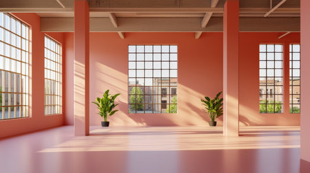 This spacious interior features large windows that invite natural light and greenery, creating a serene and calming atmosphere ideal for relaxation or creative endeavors.の素材