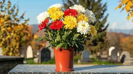 A vibrant floral arrangement of chrysanthemums in a pot, set against a serene cemetery backdrop during autumn, symbolizing remembrance and beauty in nature.の素材