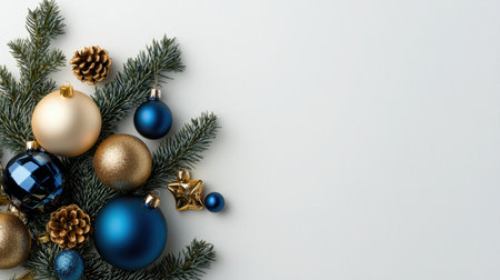 Celebrate the holiday spirit with this elegant arrangement of Christmas ornaments and pine branches on a light background, perfect for festive designs.の素材