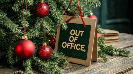 A charming holiday scene featuring a sign that reads "Out of Office" nestled among Christmas decorations, showcasing the warmth and spirit of the festive season.の素材