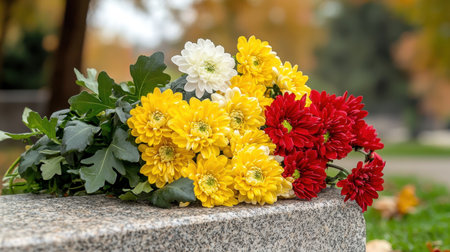 A vibrant bouquet of bright chrysanthemums in yellow, red, and white arranged on a stone surface, capturing the essence of nature's beauty in a serene outdoor setting.の素材