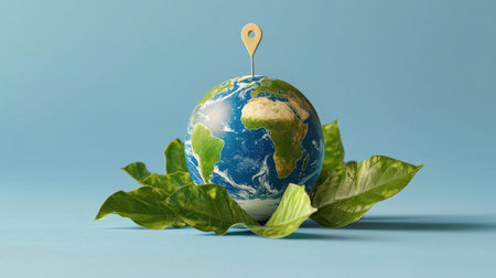 A visually captivating image of a globe positioned on lush green leaves, featuring a location pin. This symbolizes environmental awareness and sustainability.の素材