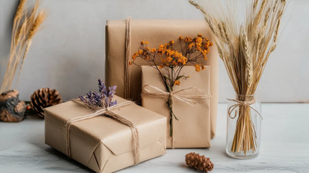 Charming scene featuring rustic gift packages wrapped in brown paper and adorned with dried flowers, complemented by natural elements and a cozy atmosphere.の素材