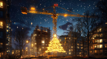 A Christmas tree beautifully illuminated by a construction crane showcases festive spirit in a city setting, with twinkling lights and a starry night sky.の素材