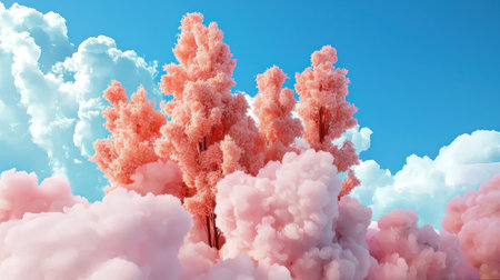A stunning display of vibrant pink trees rises above soft, fluffy clouds under a bright blue sky, creating a whimsical and surreal landscape that invites imagination.の素材