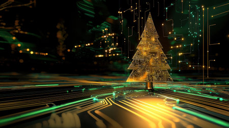 A striking digital Christmas tree stands proudly on a glowing circuit board. The artwork combines festive spirit with modern technology, providing a unique and vibrant holiday vibe.の素材