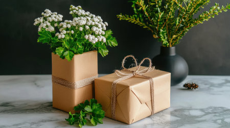 Delight in the beauty of charming gift boxes adorned with fresh green plants, set against a stylish marble surface that adds elegance to any celebration.の素材