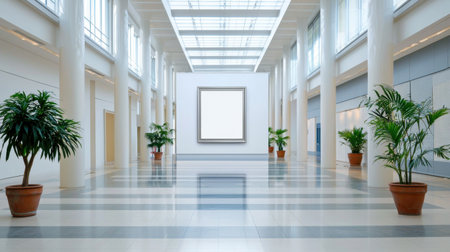 A striking modern gallery interior featuring an empty frame amidst lush greenery. This serene space highlights minimalist design and bright natural light.の素材