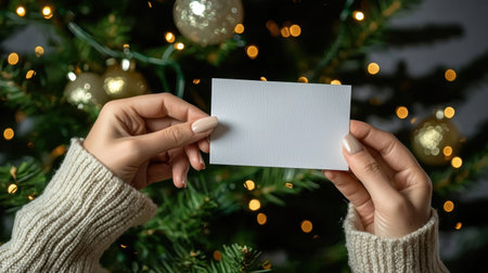 A cozy scene featuring hands holding a blank holiday card in front of a beautifully decorated Christmas tree filled with lights and ornaments, perfect for seasonal greetings.の素材
