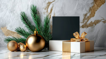 This elegant Christmas arrangement features a gift box adorned with a golden ribbon, paired with shiny ornaments and pine, ideal for seasonal celebrations.の素材