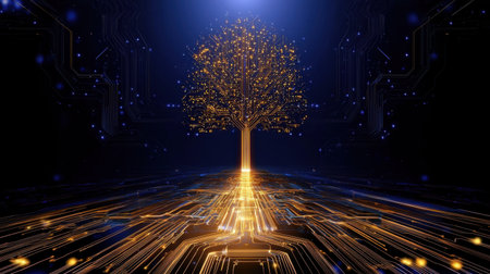 A striking digital visual featuring a glowing tree emerging from a circuit background, symbolizing the fusion of technology and nature in a futuristic setting.の素材