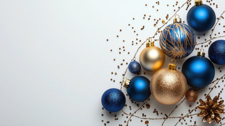 A stunning arrangement of blue and gold Christmas ornaments on a light background, perfect for holiday-themed projects, capturing festive spirit and winter magic.の素材