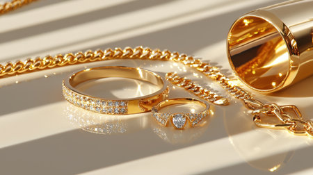 A captivating arrangement of elegant gold jewelry showcasing shimmering diamonds. Perfect for fashion and luxury themes, this image highlights beauty and style.の素材