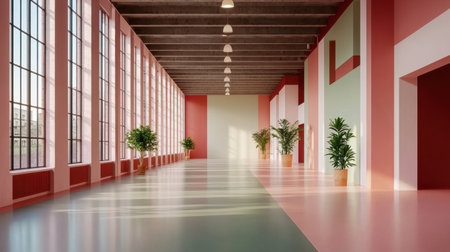 Bright and modern interior hall featuring colorful walls, large windows, and potted plants. The design focuses on aesthetics, light, and tranquility, suitable for various creative uses.の素材