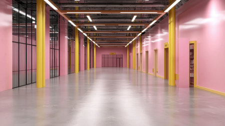 Spacious interior featuring vibrant pink walls and striking yellow accents. This modern corridor creates a bright and inviting atmosphere, perfect for creative spaces.の素材