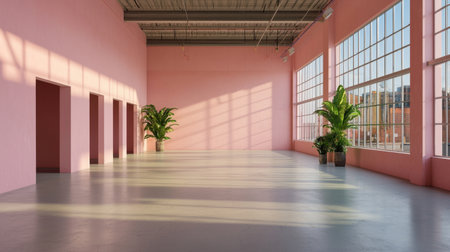 Stylish minimalist interior featuring pink walls and abundant natural light. The space includes plants, offering a serene and welcoming atmosphere perfect for various uses.の素材
