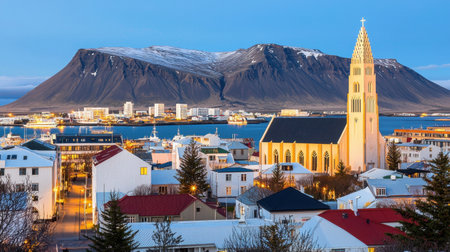 Capture a breathtaking view of Reykjavik at dusk, showcasing the stunning church, charming buildings, and majestic mountains reflecting in the tranquil waters.の素材
